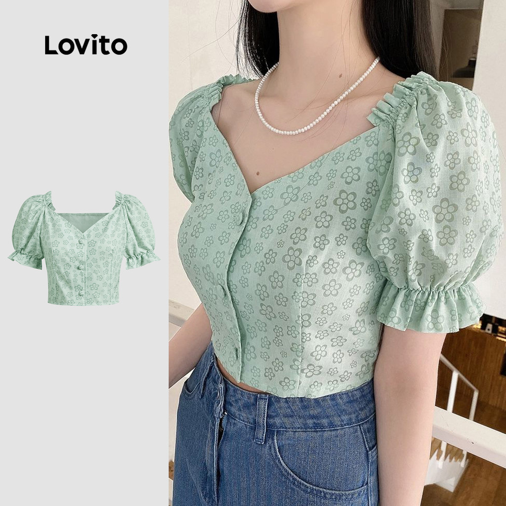 Lovito Blusa Elegante com Botões e Maxi Babados Macia e Confortável Blusa Verde para primavera/verão L137ED685 em Oferta na Shopee