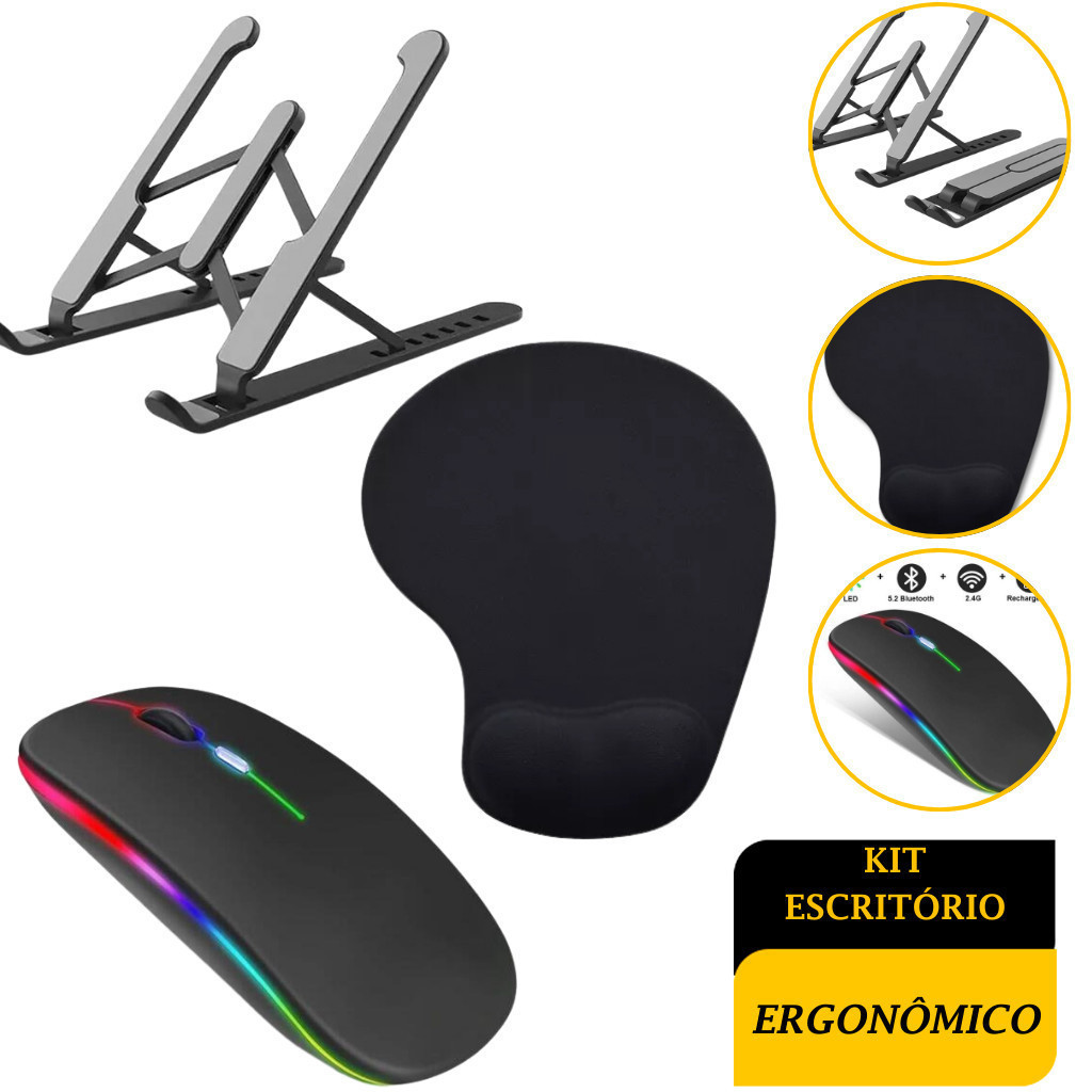 Kit Ergonômico para Escritório: Mouse Bluetooth + Mouse Pad com Apoio de Pulso + Suporte Ajustável para Notebook