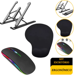 Kit Ergonômico para Escritório: Mouse Bluetooth + Mouse Pad com Apoio de Pulso + Suporte Ajustável para Notebook