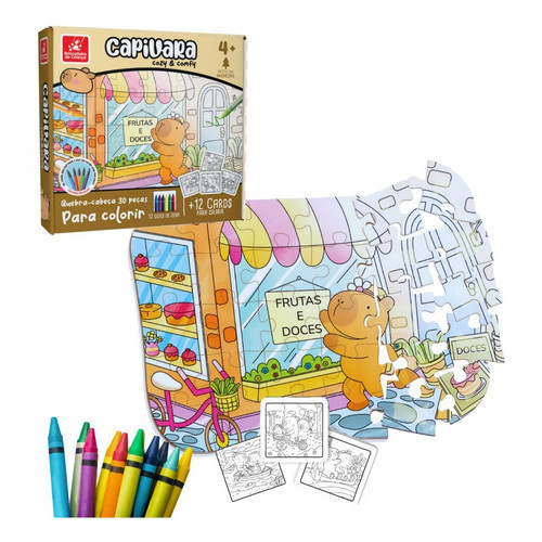 Brinquedo Educativo Quebra Cabeça Capivara Em Mdf Pedagógico Para Montar e Colorir Com Cards e Giz de Cera Inclusos