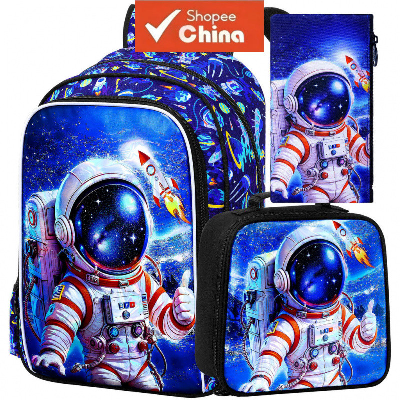 Kit de Mochila Escolar Infantil Astronauta à Prova d'Água para Meninos de 5 a 10 Anos, Bolsa Térmica para Almoço, Estojo