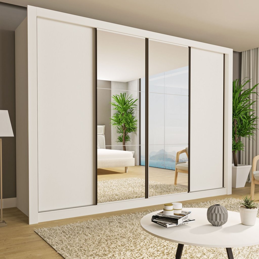 Guarda Roupa Casal Premium Firenze 279,3cm com Espelho 4 Portas 4 Gavetas Yescasa Branco Branco