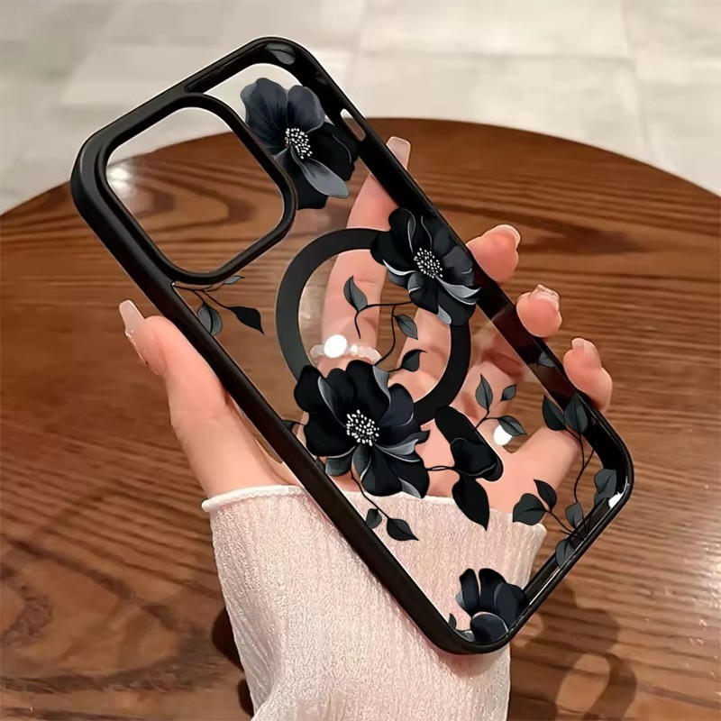 Preto Floral Magnético De Carregamento Sem Fio Caso Telefone Para Samsung A57 A56 A17 A37 A55 A26 S26 Ultra S25 Plus S24
