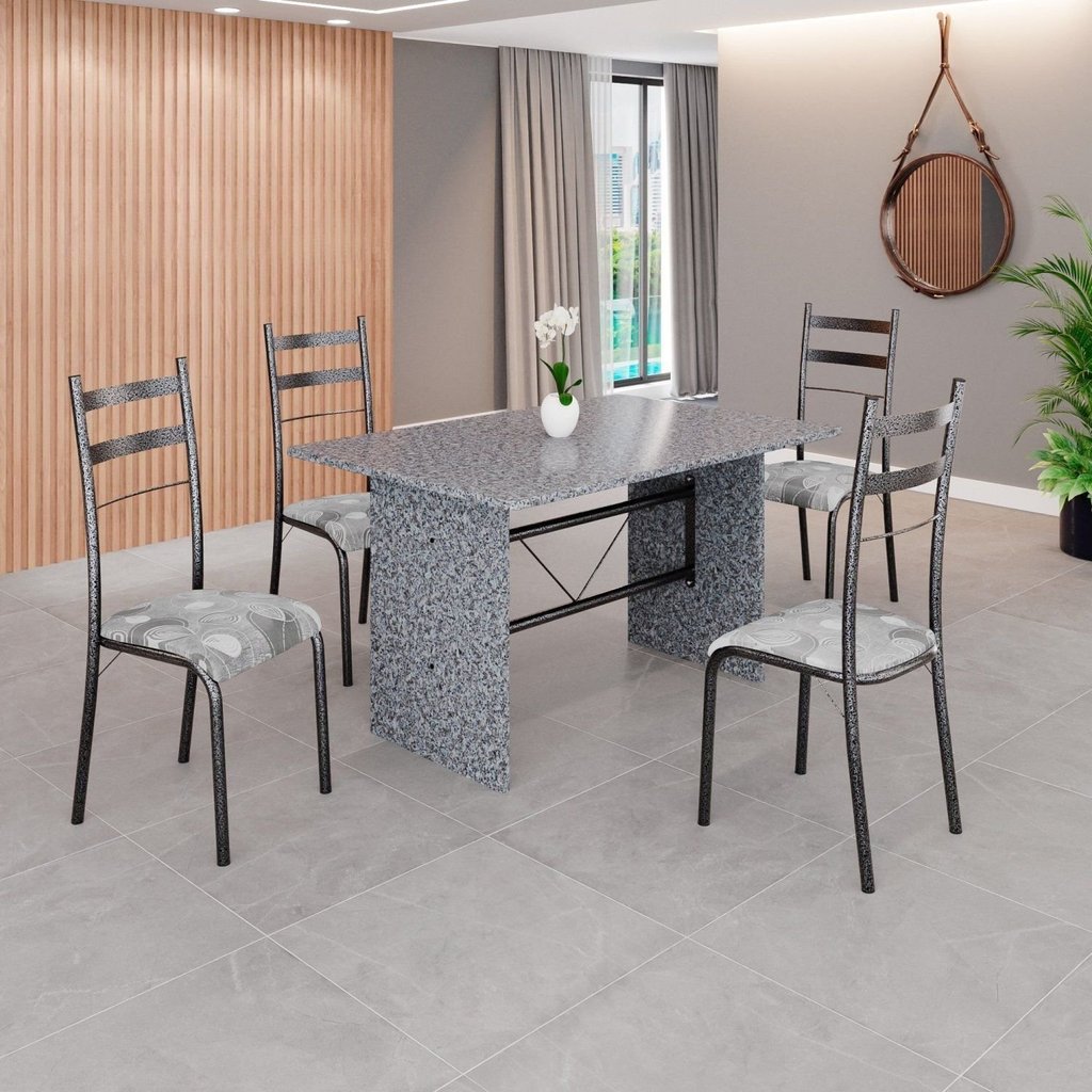 Conjunto Sala de Jantar Mesa Retangular 120x75cm Tampo Granito Ocre 4 Cadeiras Marselha Prata/Paraopeba/Mart