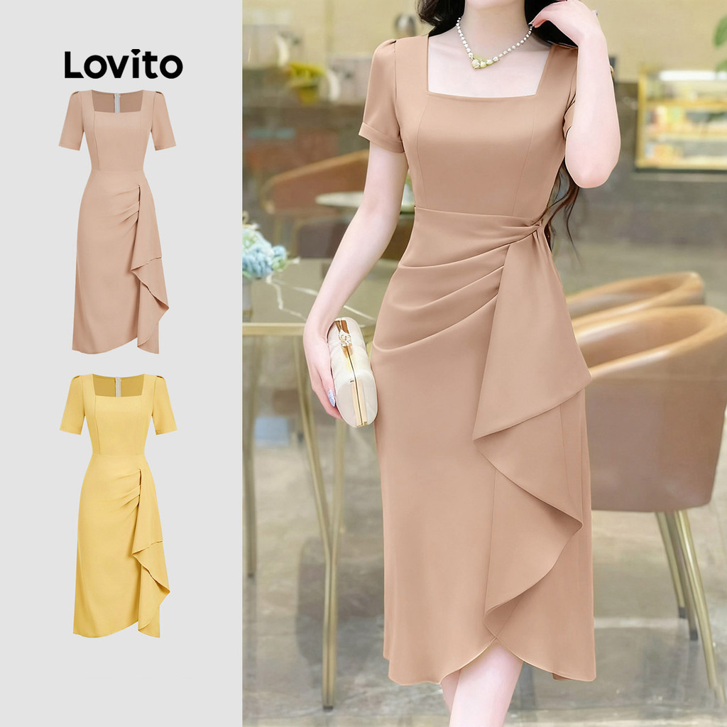 Lovito Elegante Vestido Assimétrico para Mulheres Primavera/verão em Caqui L164LD027