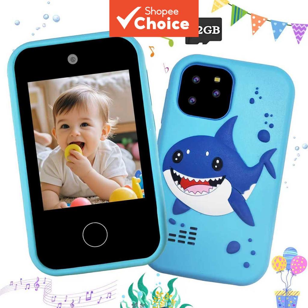 Smartphone Brinquedo Infantil com Câmeras Duplas Frontais para Selfies, Tela Touch 2,8”, Capa de Tubarão, Bateria de