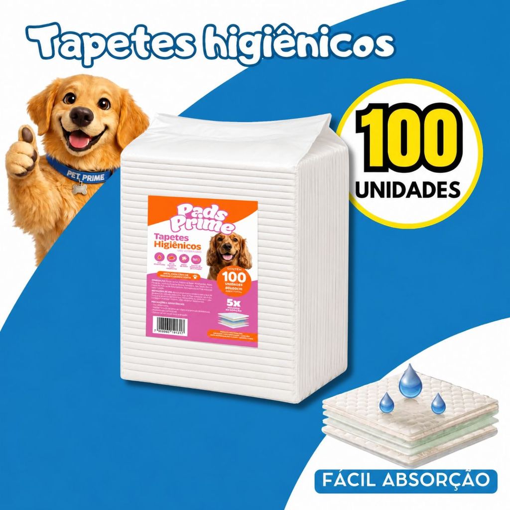 Tapete Higiênico PADS PRIME 80X60 100UN Descartável Ultra Absorvente