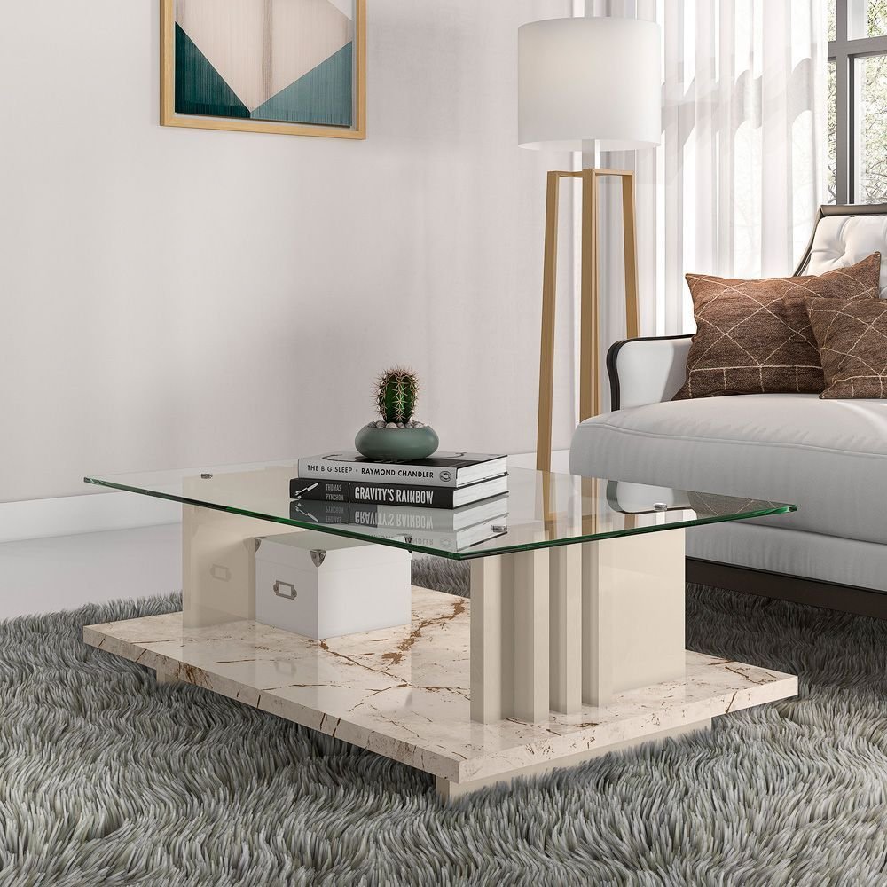 Mesa de Centro para Sala de Estar Retangular Frizz Branco Calacata/Offwhite