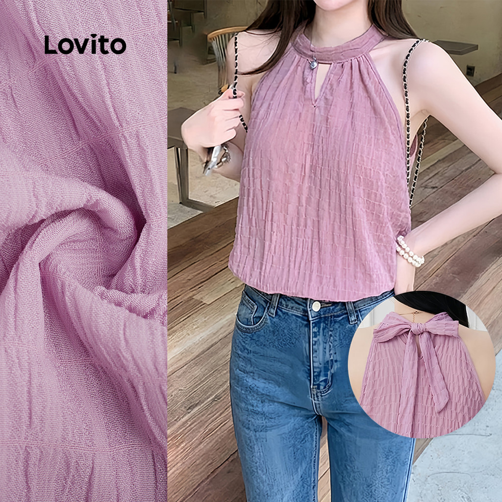 Lovito Top Casual Rosa Plissado com Padrão Ideal para a Primavera/verão para mulheres L189ED210