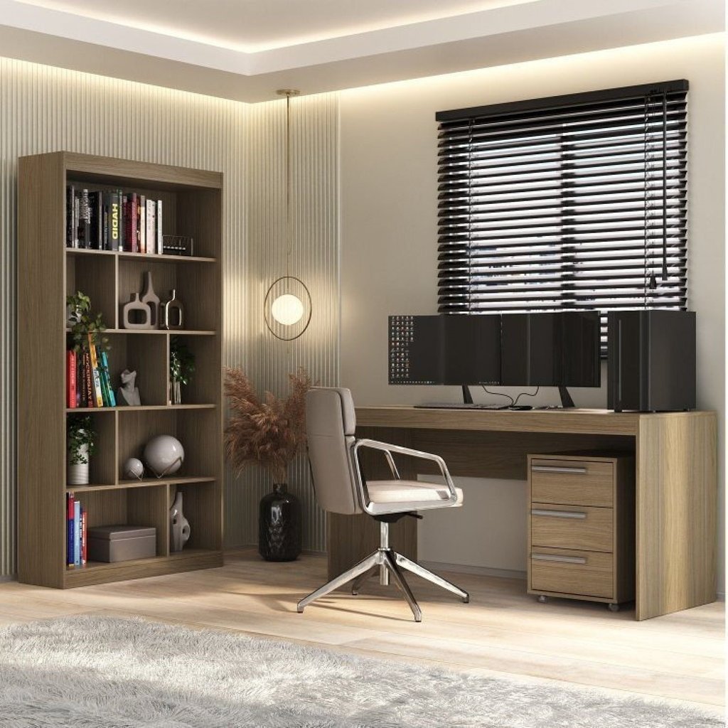 Conjunto 3 Peças Escrivaninha 150cm com Gaveteiro e Estante Espresso Móveis Avelã Tx Marrom Avelã Tx