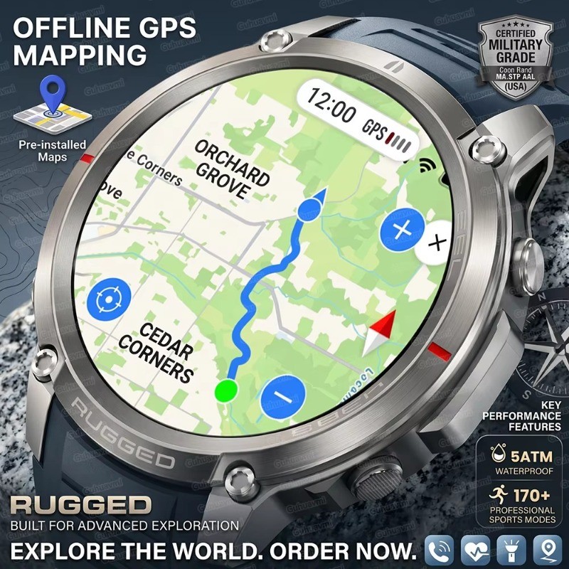 2026New Ao Ar Livre GPS Smartwatch Relógio Inteligente Mapas Offline Download Bússola Rastreamento 5ATM À Prova Dwaterpr