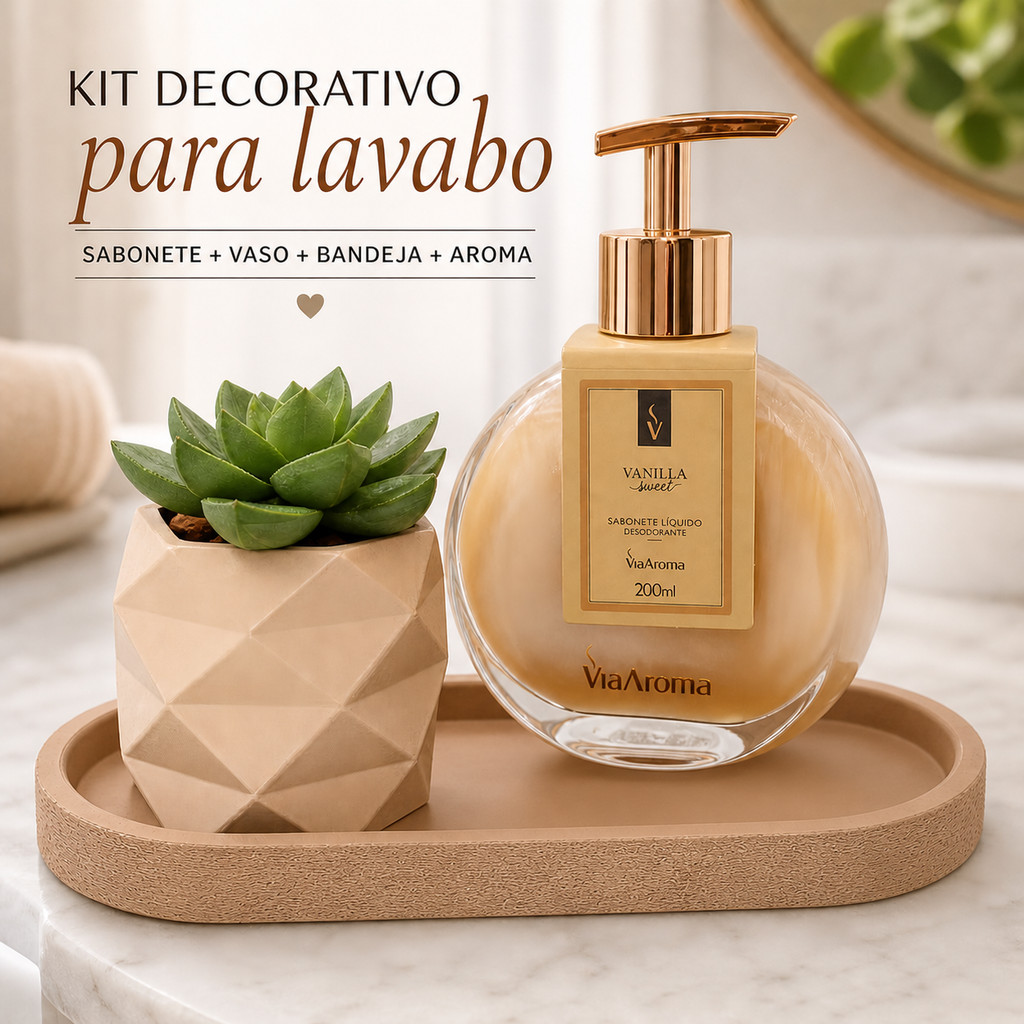 Kit Decorativo Lavabo Completo Bandeja + Sabonete Via Aroma Vanilla 200ml + Vaso com Suculenta