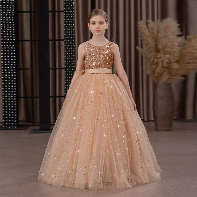 Meninas longo vestido de princesa flor menina de casamento anfitrião Piano desempenho crianças Vestido de princesa