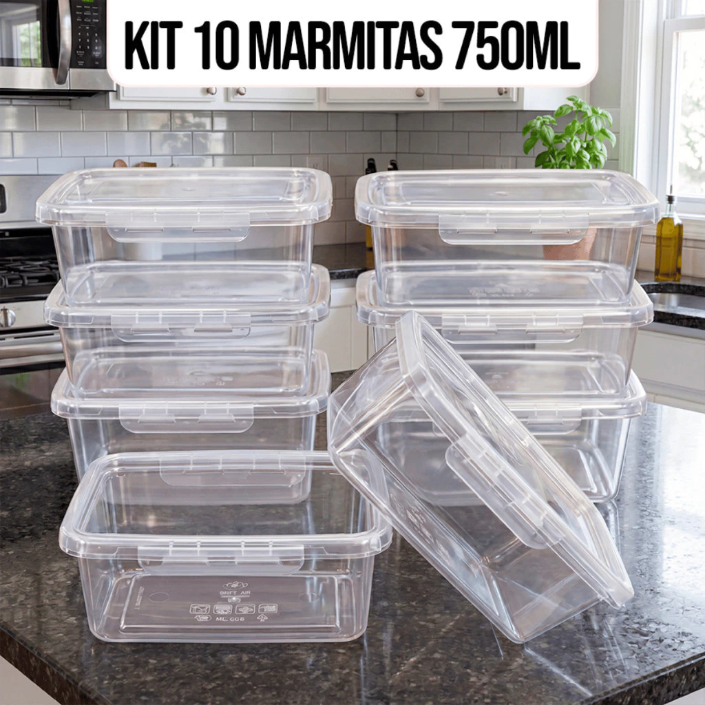Kit 10 Marmitas Potes 750ml Travas Laterais hermeticas - Livres de BPA Alimentos organiza congelador - KAZIVA — imagem 1