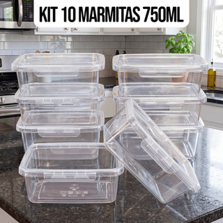 Kit 10 Marmitas Potes 750ml Travas Laterais hermeticas - Livres de BPA Alimentos organiza…