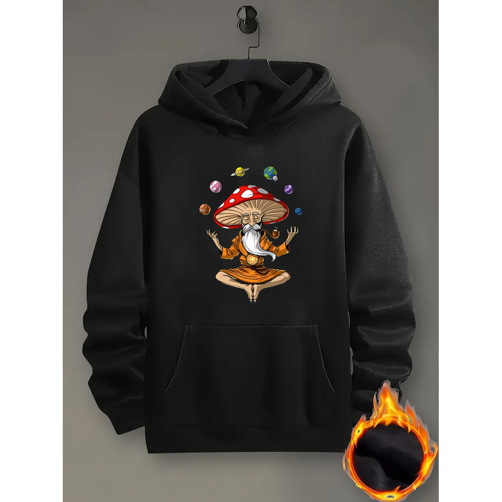Moletom Canguru Estampado Criativo de Cogumelos Planetários, Camisola com Capuz e Bolso Canguru, Sweatshirt