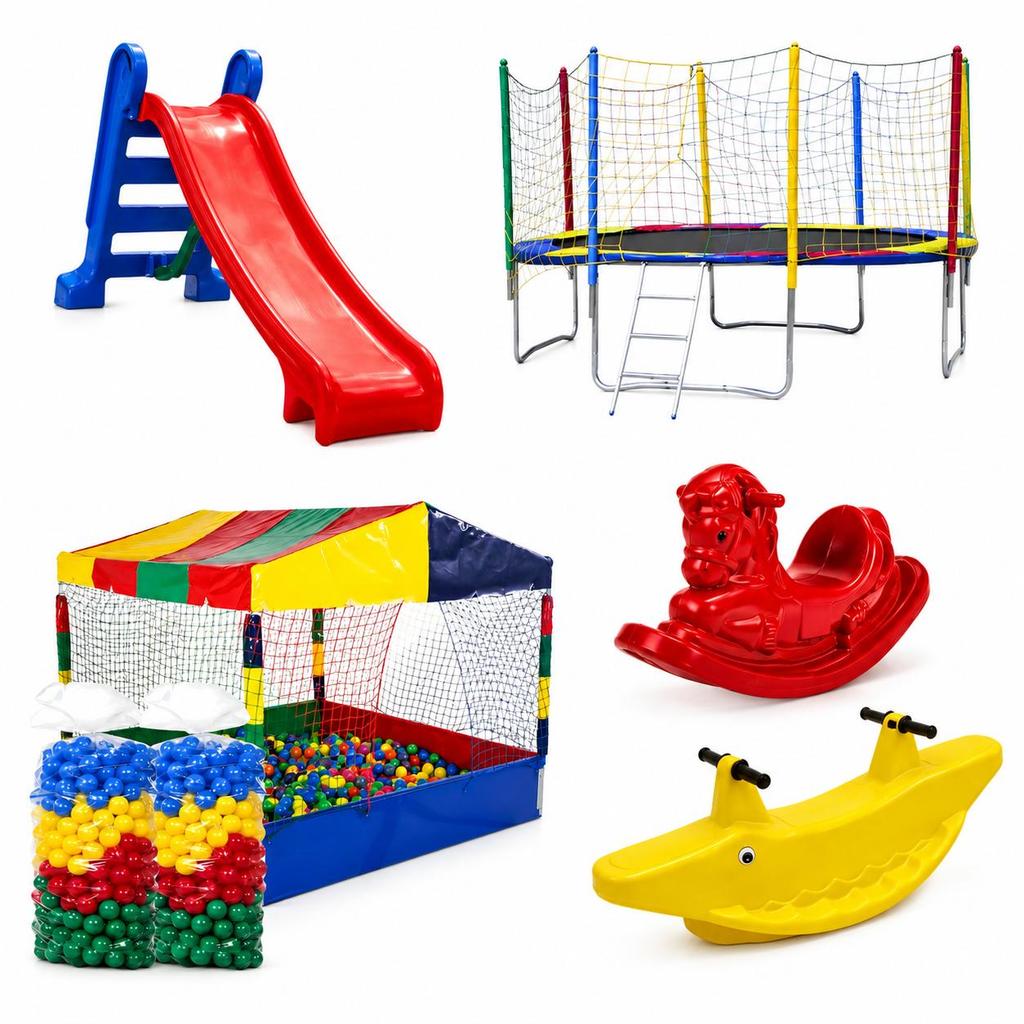 Kit Locação Completo Cama Elástica 3,05m + Piscina De Bolinhas 1,50m + 1000 Bolinhas + Escorregador + 2 Gangorras