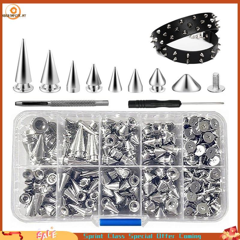 [Best-seller] Pregos Com Pontas De Árvore De Metal Para Couro , Roupas Punk DIY-354 Peças Kit De E Pinos-8 Tamanhos Cone