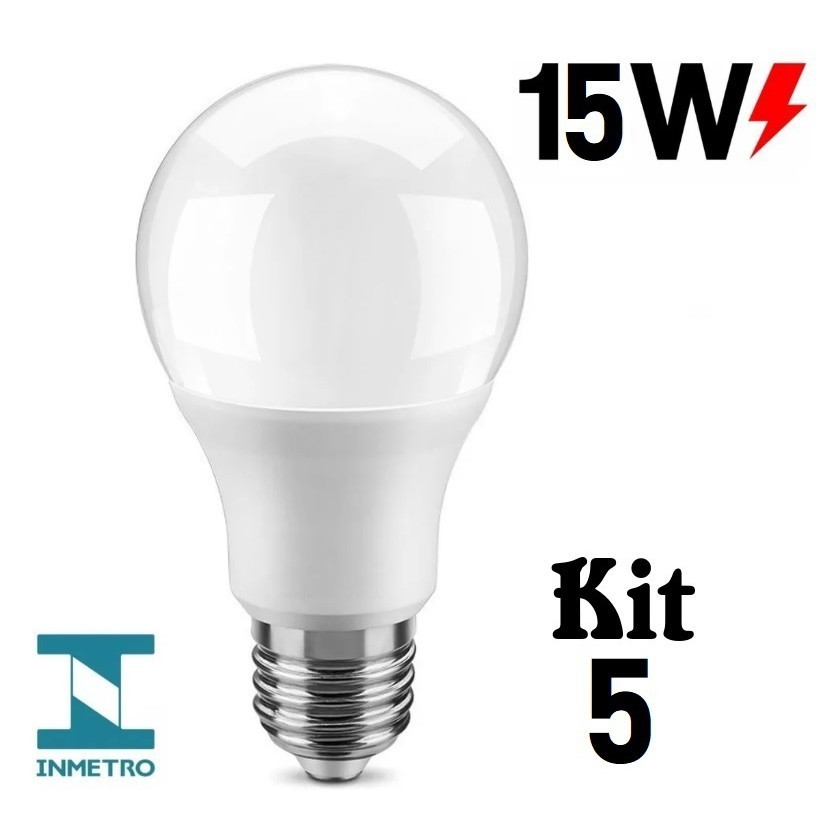 Kit 5 Lampada Led 15w Bulbo E27 Bivolt Branco-Frio 6500K em Oferta na Shopee