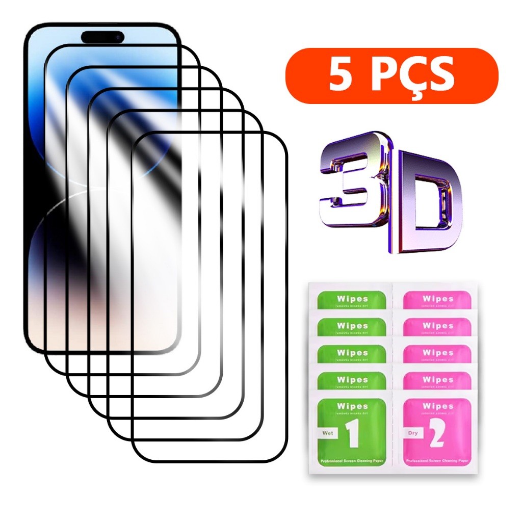 Kit 5 Película 3D Vidro Temperado Compatível Com Todos iPhone 15 14 13 12 11 Mini Plus Pro Max X XR XS MAX 6 7 8 Plus em Oferta na Shopee