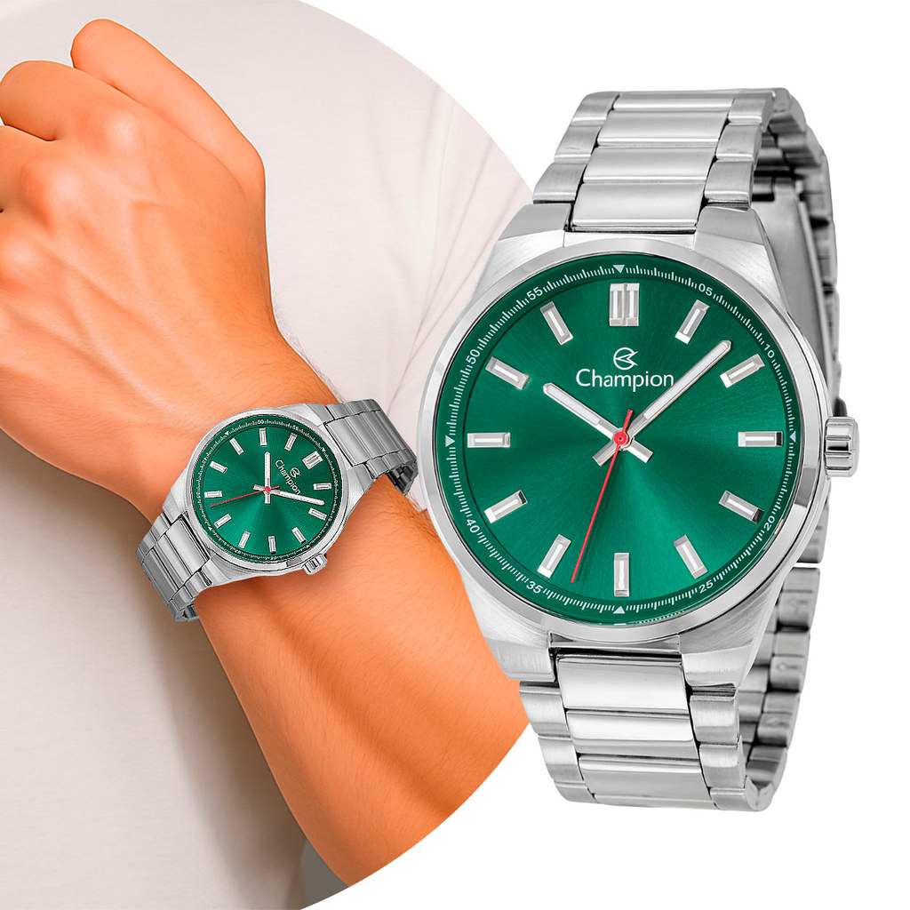 Relógio Masculino Prata Verde de Pulso Caixa e Pulseira de Aço Inoxidável Luxo Elegante Casual Social Champion Original