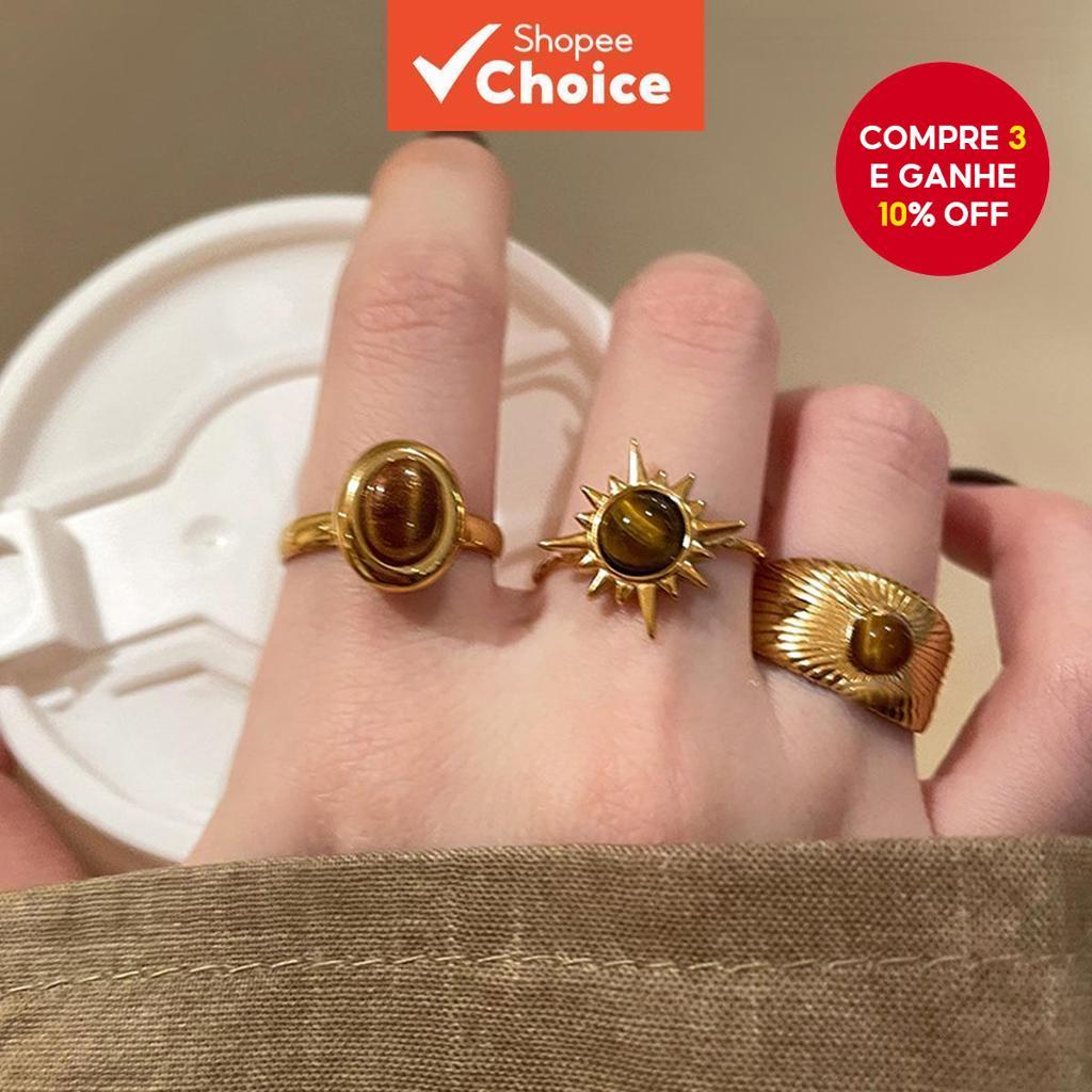 Conjunto De Anel De Pedra De Olho De Tigre De Girassol Para Mulheres Moda Joias De Escritório Boho Chique Presente