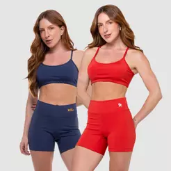 Kit 2 Conjunto Fitness Feminino Top Alça Short Cós Alto Meia Coxa Blackout Zero Transparência