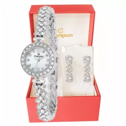 Relógio Analógico Feminino Champion Prata Pequeno Luxo CF25536Q Conjunto Colar e Brincos