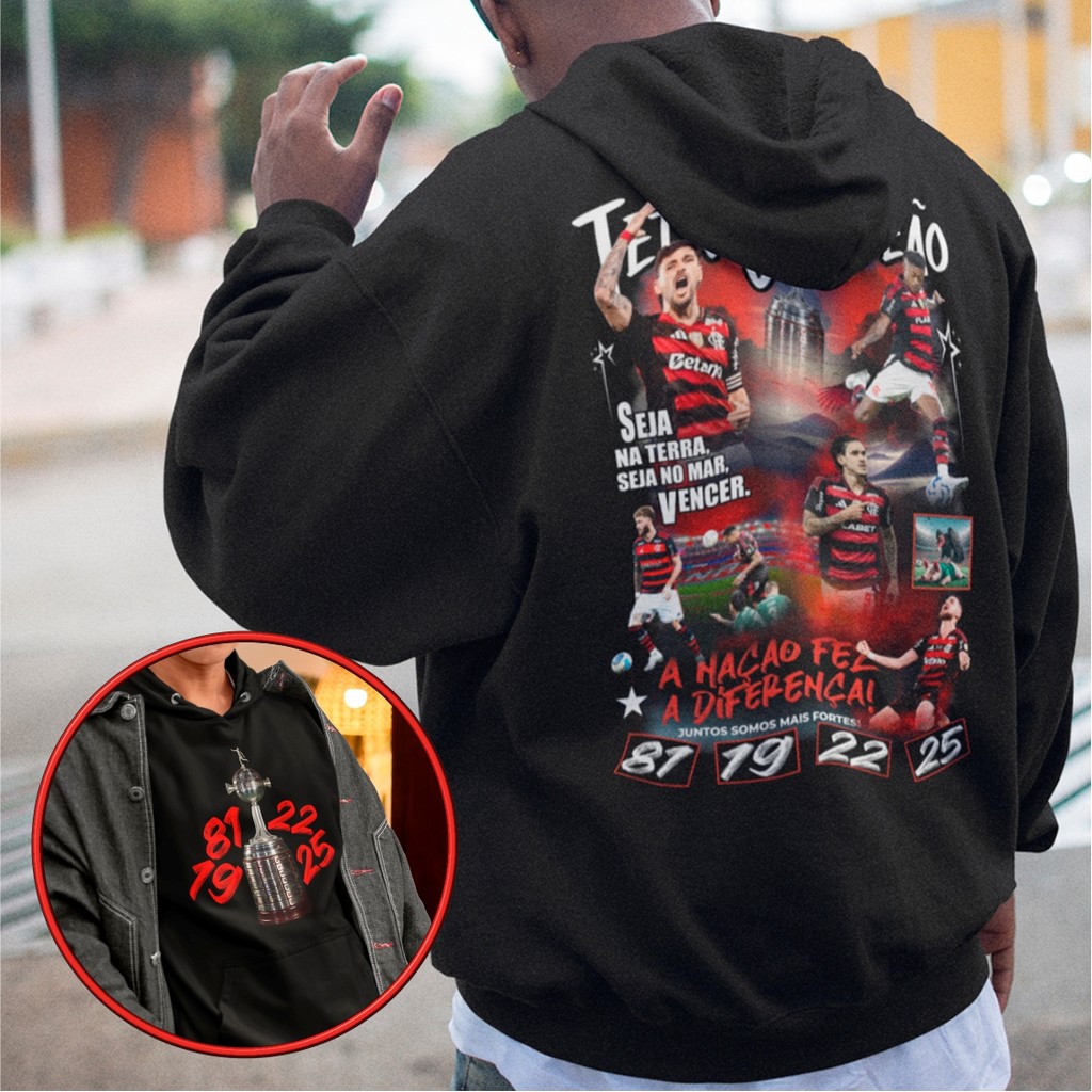 Moletom Masculino Bootleg Futebol Tetracampeão Libertadores 2025 Blusa De Frio Com Capuz Algodão