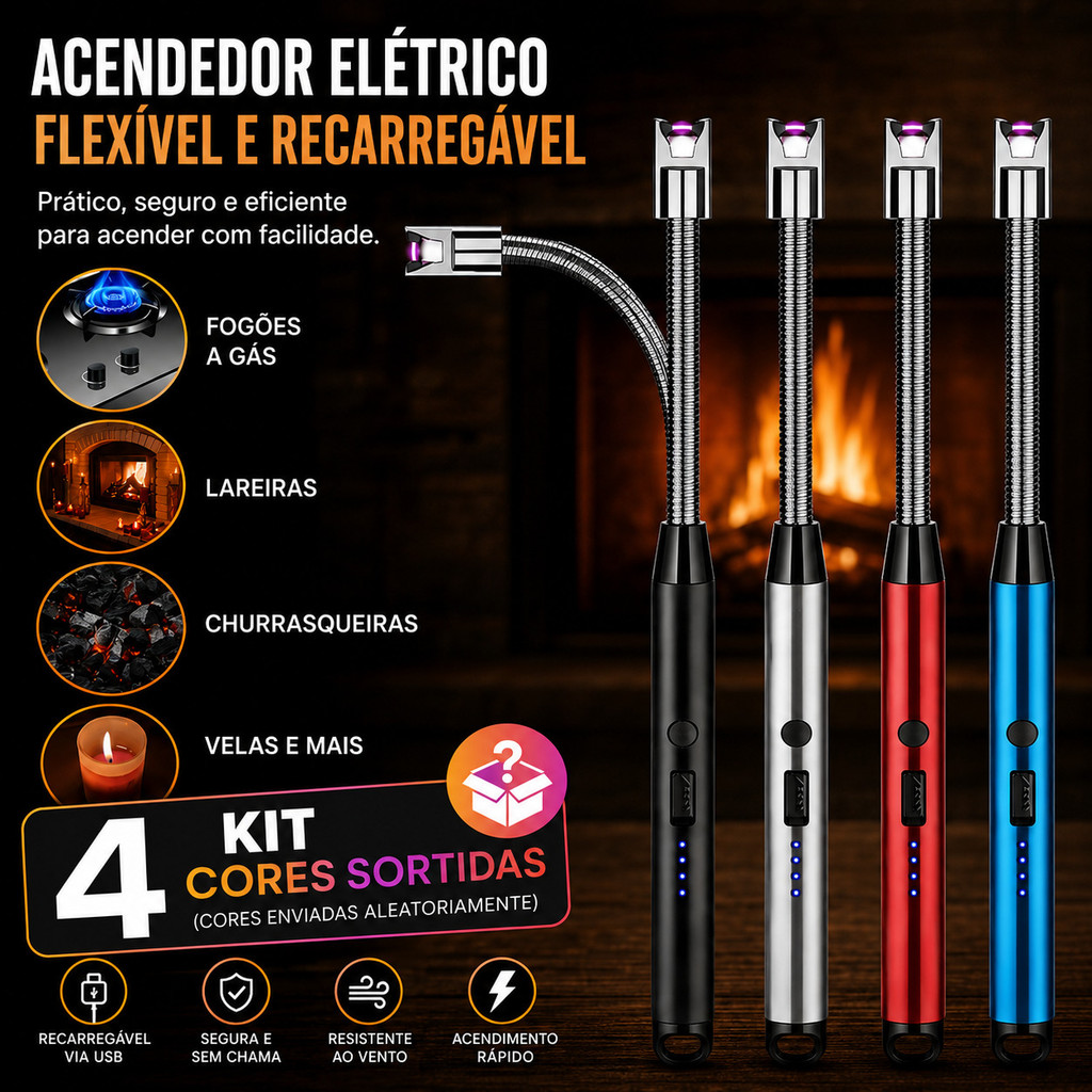 Kit 4 Acendedor Elétrico Plasma USB Flexível Recarregável Sem Chama Para Fogão Velas Churrasco Camping e Uso Diário