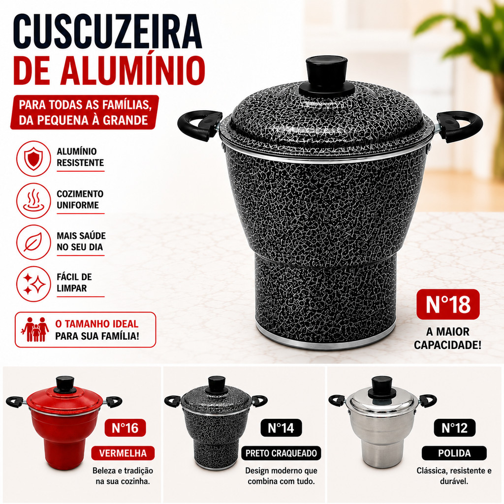CUSCUZEIRA NORDESTINA N°12 14 16 18 ALUMINIO REFORÇADO