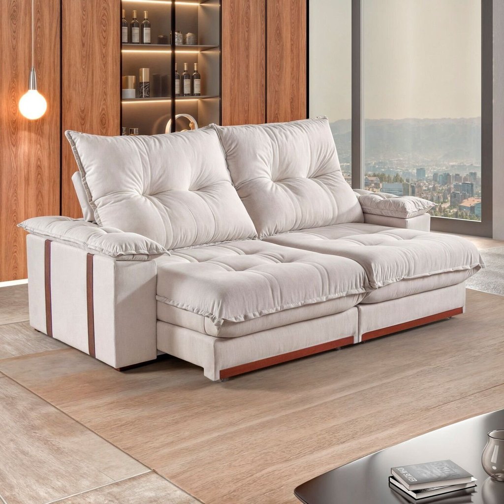Sofás Retrátil Reclinável 5 Lugares Modulado 290cm Suiça Pillow Top e Pés em Madeira Maciça 290