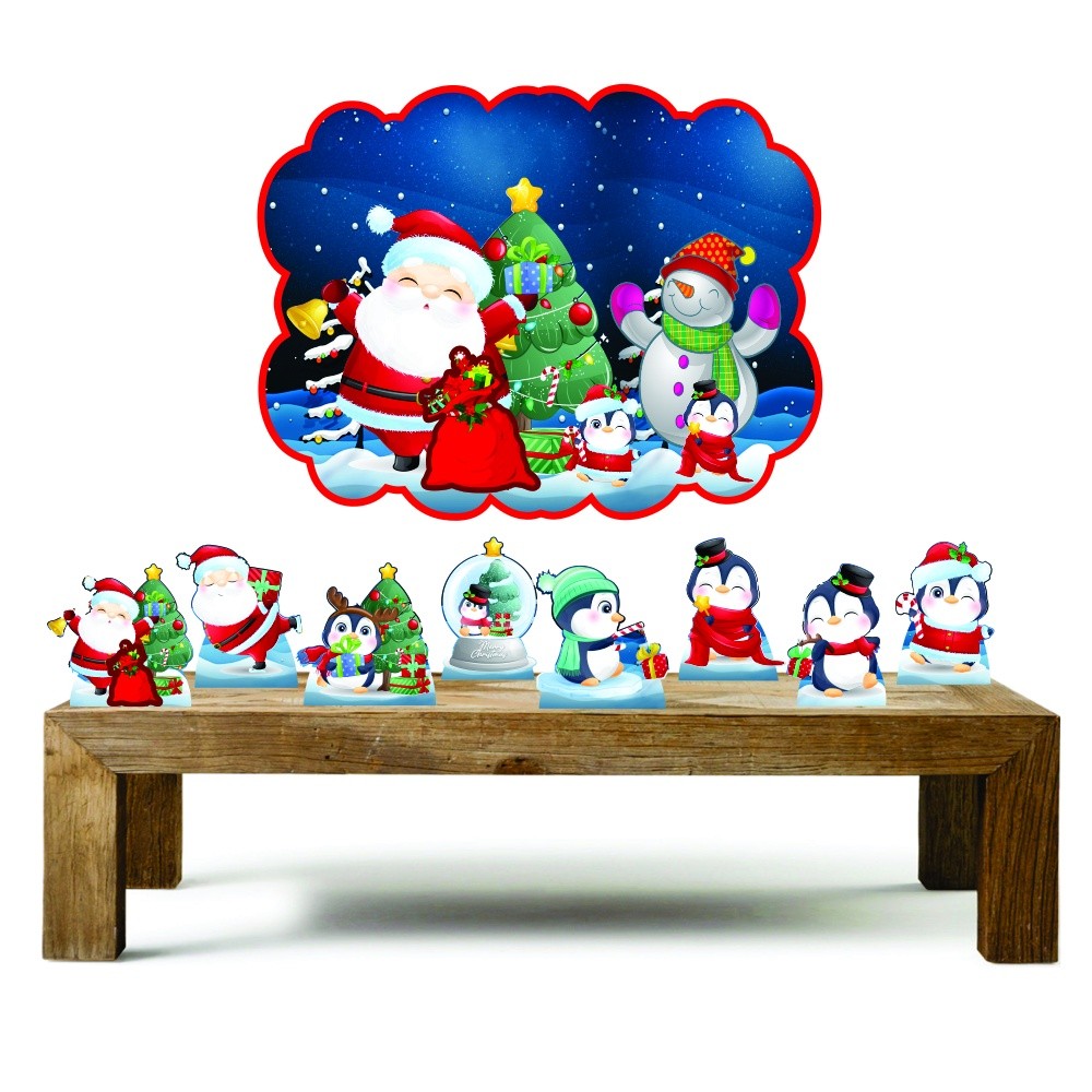 Natal Pinguins Papai Noel Kit 8 + Placa decorativa de parede decoração de natal
