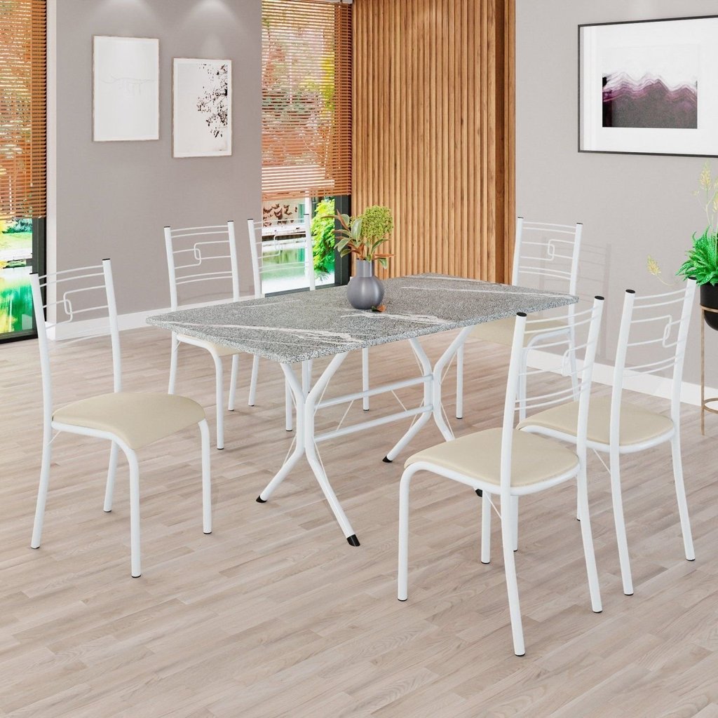 Conjunto Sala de Jantar Mesa Retangular 140x75cm Tampo Granito Topázio 6 Cadeiras Paraty Creme/Branco