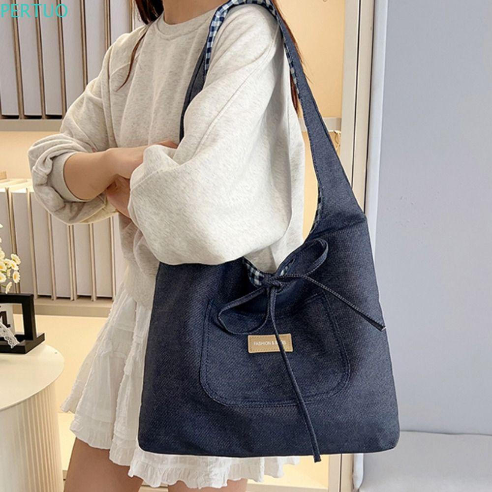Bolsa De Ombro Jeans PERTUO , Colete Xadrez Dupla Face Para Lazer Em Treliça , Sacola De Lona Deslocamento