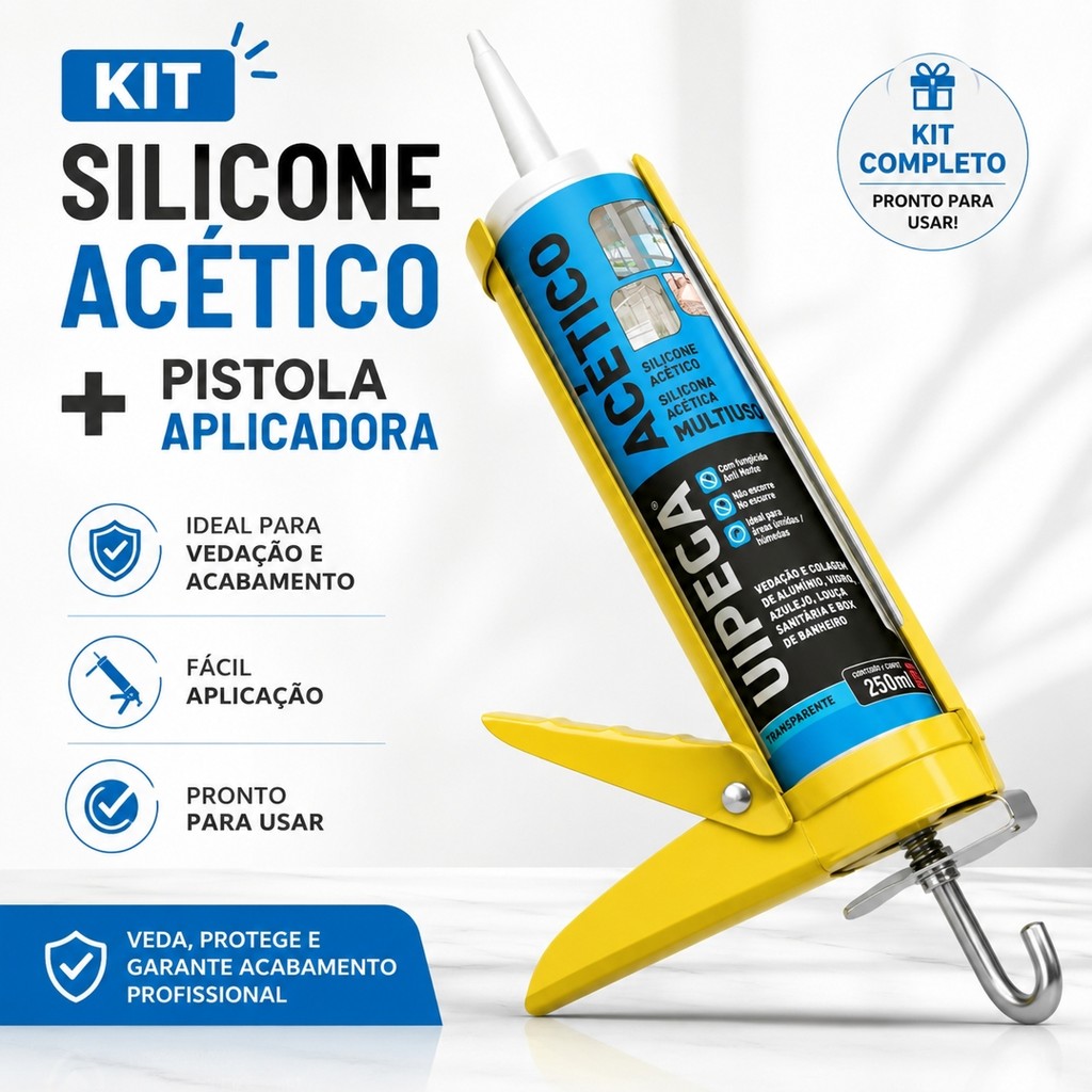 KIT SILICONE MULTIUSO ACETICO + PISTOLA APLICADORA ADESIVO VEDAÇÃO SELANTE CONSTRUÇÃO