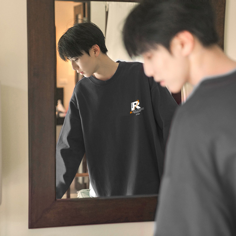 Camiseta masculina de manga comprida de algodão puro primavera outono 2026 novo estilo em torno do pescoço moletom carta