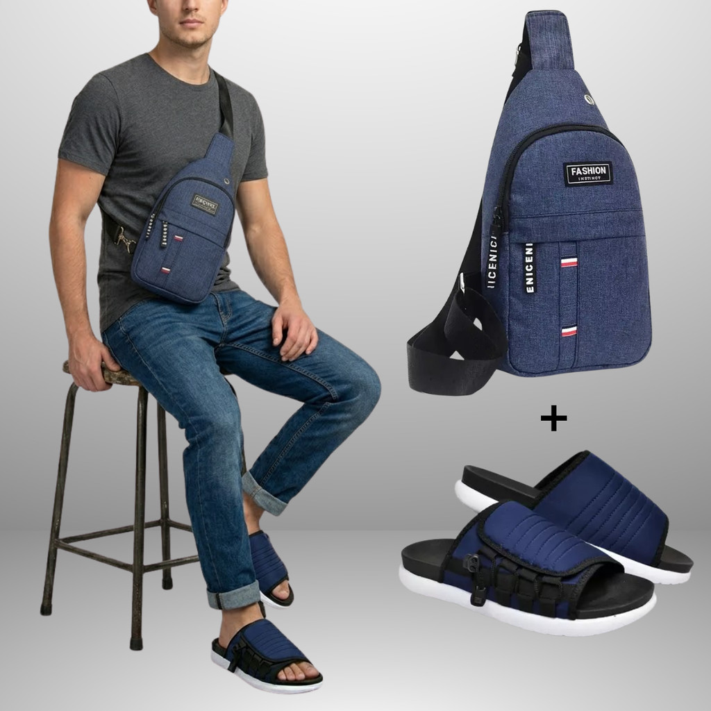 Pochete Transversal e Chinelo Slide aveludado  Kit masculino