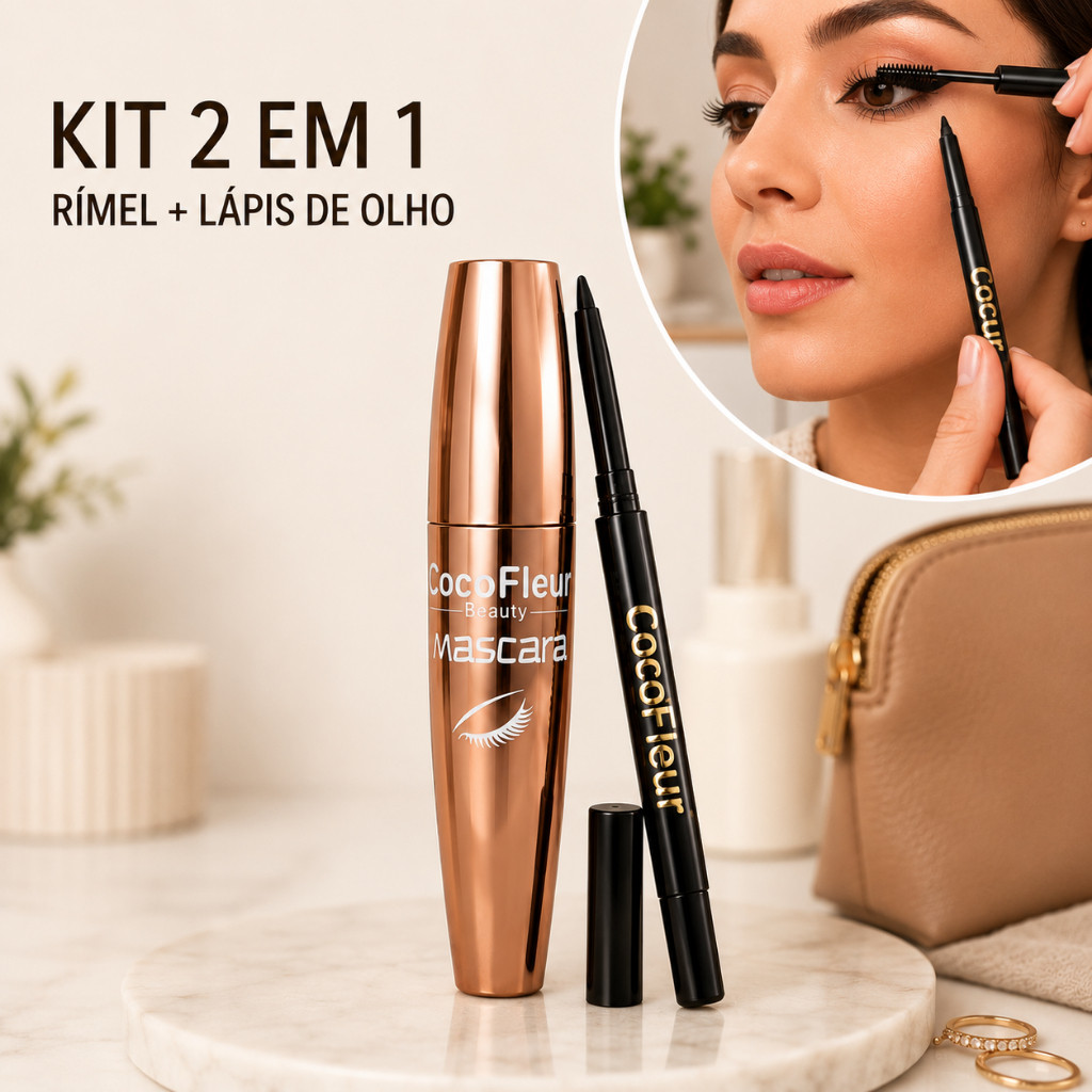Kit 2 em 1 Máscara para Cílios + Lápis de Olho CocoFleur Beauty Rimel Alongador e Delineador Preto Longa Duração