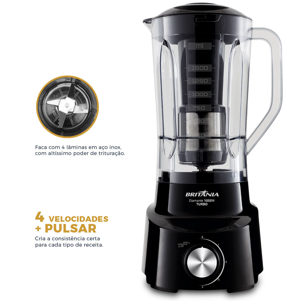 Detalhes do Liquidificador Britânia Diamante 1050W 4 Velocidades 2,6L
