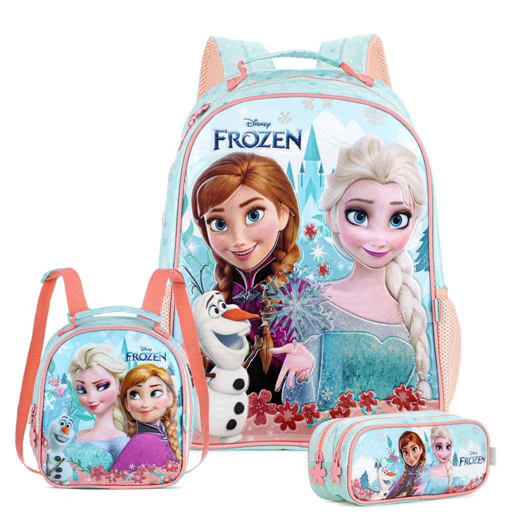 Kit Mochila 16 14742 + Lancheira 14744 + Estojo Duplo 14746 Xeryus Frozen Escolar Azul e Salmão - Infantil
