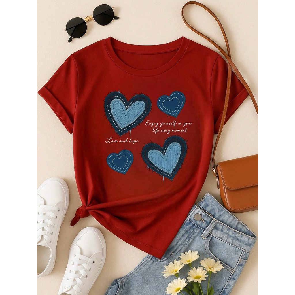 Blusa Feminina 100% Algodão Estampa Coração Love and Hope Casual Babylook TShirt em Oferta na Shopee