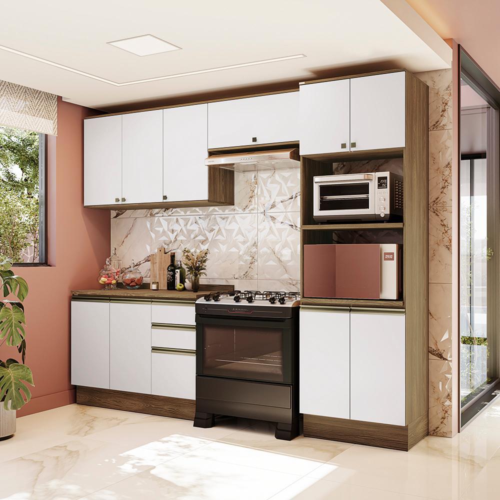 Armário de Cozinha Completa Torre Quente 100% MDF 270cm Nogueira/Branco Celeste Kappesberg em Oferta na Shopee