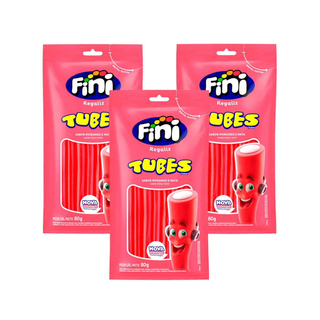 Kit 03 Fini Chiclete Tubes Doce Morango 80g