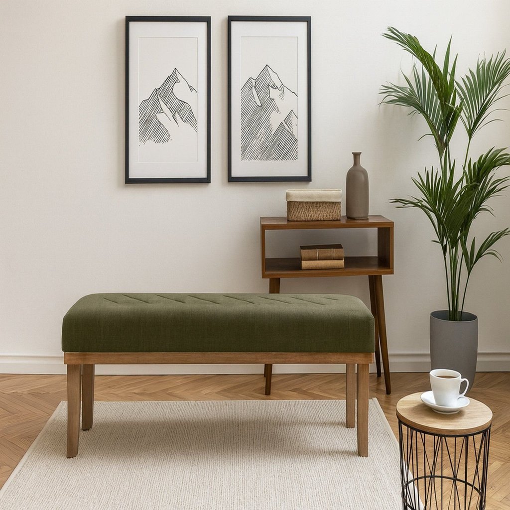 Puff para Sala de Estar 140cm com Pés Linho Theo Verde/Marrom