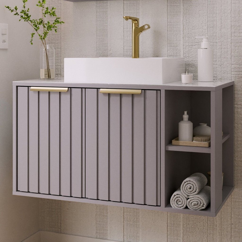 Gabinete para Banheiro 80cm com 2 Portas 2 Nichos e Cuba de Sobrepor Noruega Cinza/Platina Platina