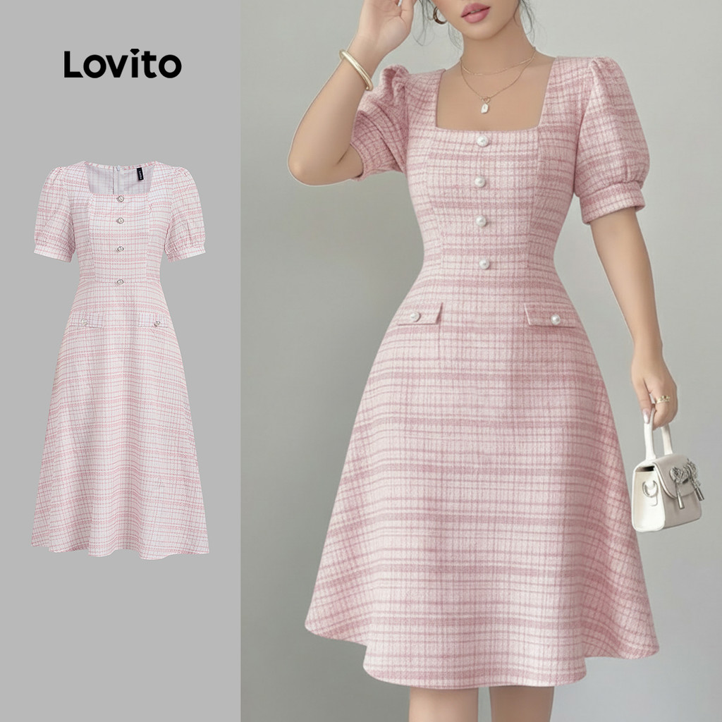 Lovito Vestido Elegante com Botões Frente Rosa para Primavera/verão para mulheres LK4EDD740