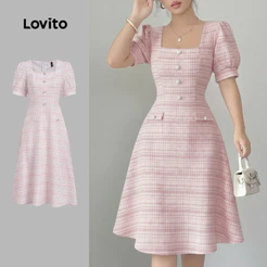 Lovito Vestido Elegante com Botões Frente Rosa para Primavera/verão para mulheres LK4EDD740