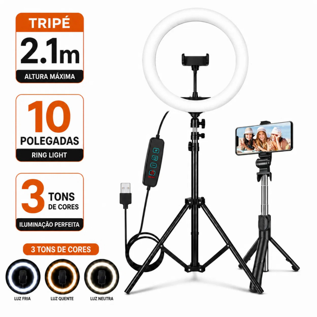Ring Light Iluminador Anel Luz 26cm 10 Polegadas Tripé 2,1m + Bastão selfie bluetooth