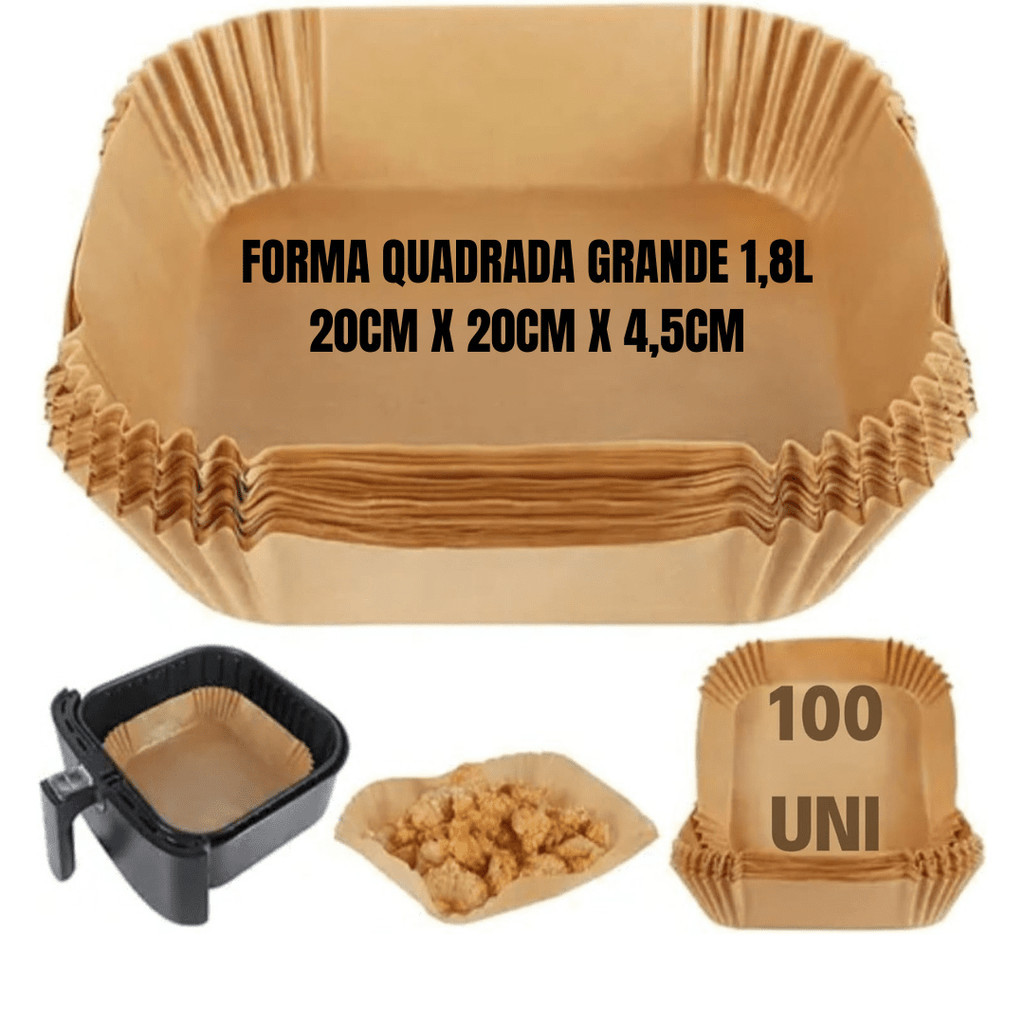 Kit 100 forma descartável para fritadeira air fryer em papel antiaderente quadrado 20x20cm